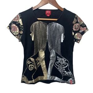 Vintage Miss Sixty Y2K Metallic‎ Graphic Tee Women XL Italy Floral Foil Top Rare